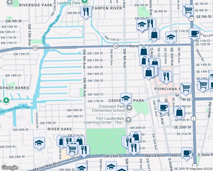 map of restaurants, bars, coffee shops, grocery stores, and more near 612 Southwest 16th Street in Fort Lauderdale