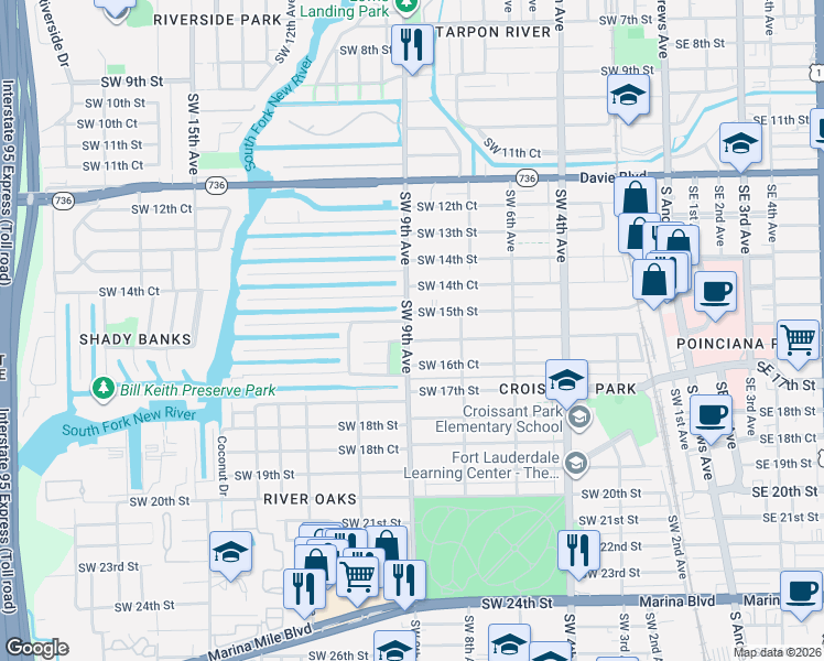 map of restaurants, bars, coffee shops, grocery stores, and more near 838 Southwest 16th Street in Fort Lauderdale