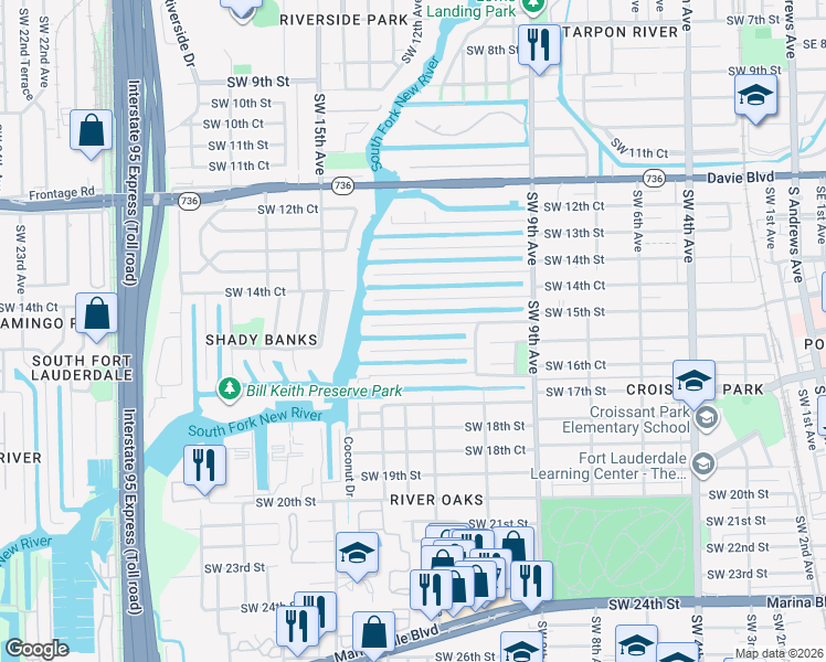 map of restaurants, bars, coffee shops, grocery stores, and more near 1301 Tangelo Isle in Fort Lauderdale