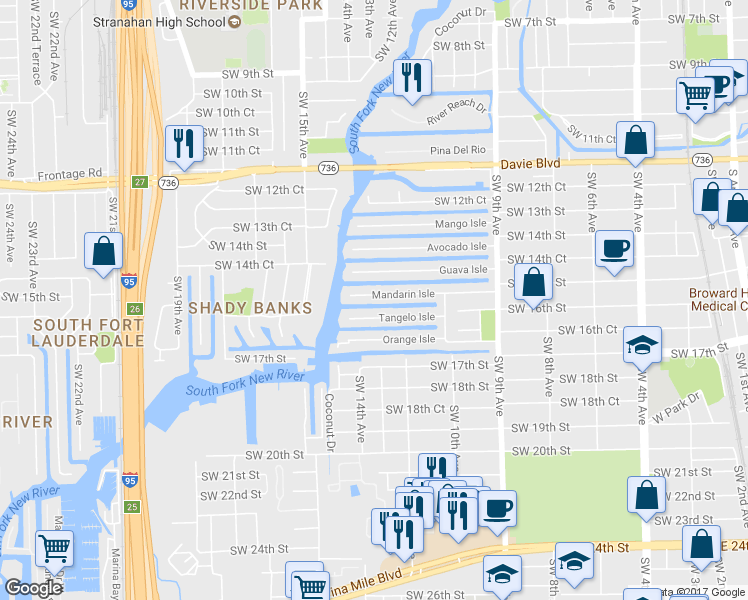 map of restaurants, bars, coffee shops, grocery stores, and more near 1301 Tangelo Isle in Fort Lauderdale