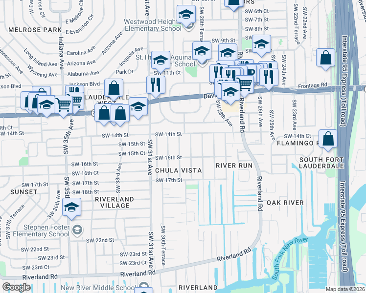 map of restaurants, bars, coffee shops, grocery stores, and more near 2921 Southwest 16th Street in Fort Lauderdale