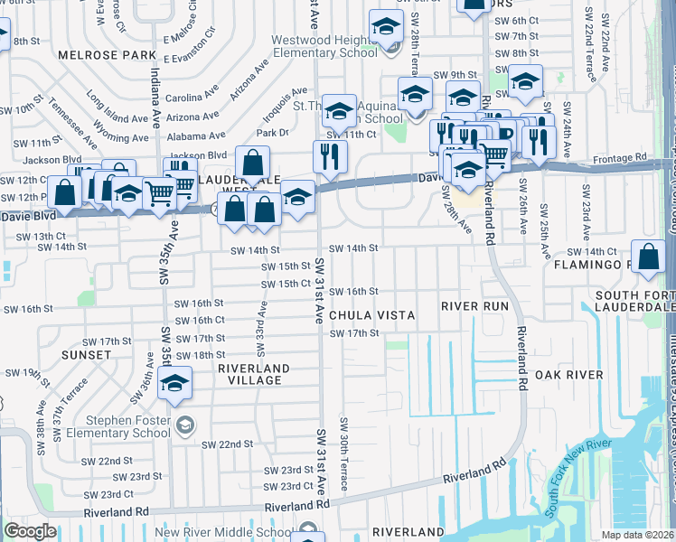 map of restaurants, bars, coffee shops, grocery stores, and more near 1590 Southwest 31st Avenue in Fort Lauderdale