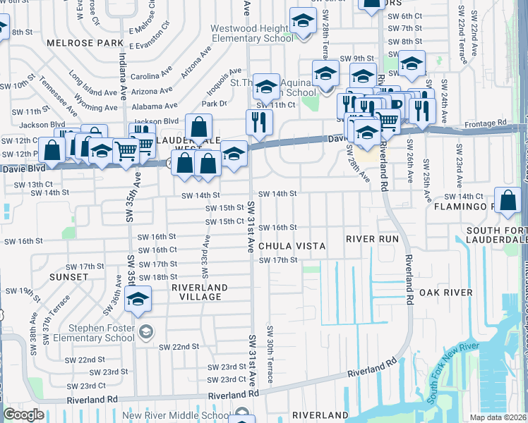 map of restaurants, bars, coffee shops, grocery stores, and more near 1590 Southwest 31st Avenue in Fort Lauderdale