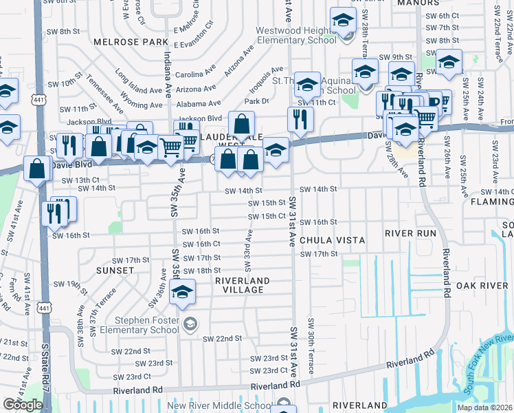 map of restaurants, bars, coffee shops, grocery stores, and more near 3302 Southwest 15th Court in Fort Lauderdale