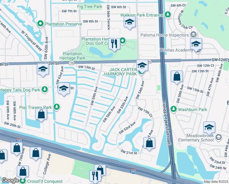map of restaurants, bars, coffee shops, grocery stores, and more near 1581 Southwest 56th Avenue in Plantation