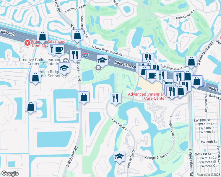 map of restaurants, bars, coffee shops, grocery stores, and more near 1500 Southwest 96th Terrace in Davie