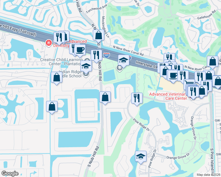 map of restaurants, bars, coffee shops, grocery stores, and more near 1486 Southwest 98th Lane in Davie