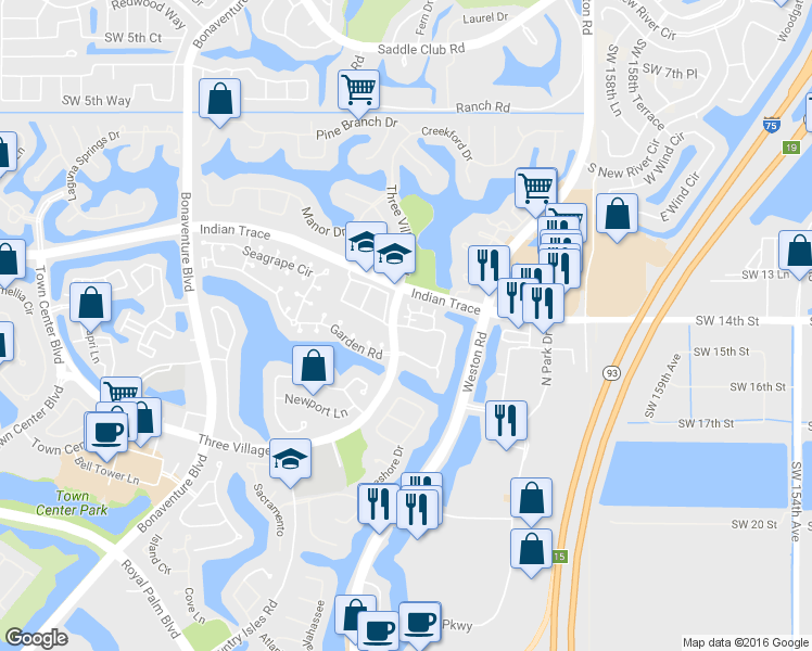 map of restaurants, bars, coffee shops, grocery stores, and more near 1351 Springside Drive in Weston