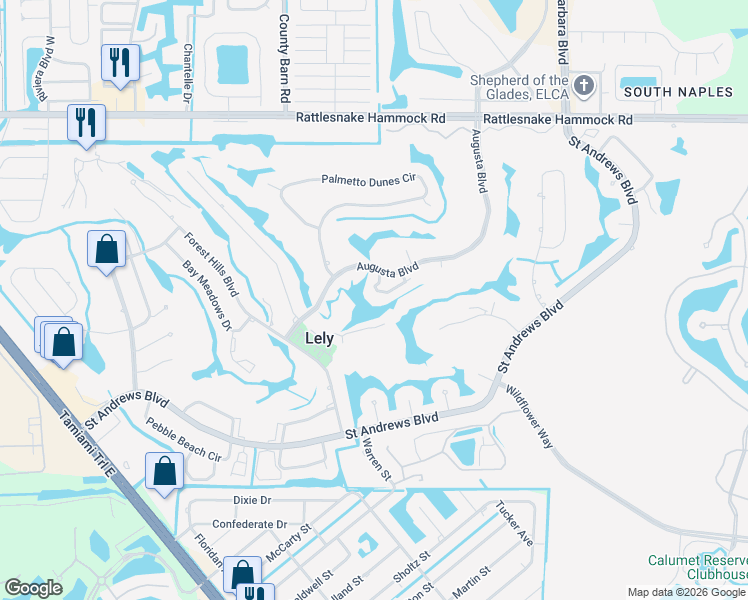 map of restaurants, bars, coffee shops, grocery stores, and more near 516 Augusta Boulevard in Naples