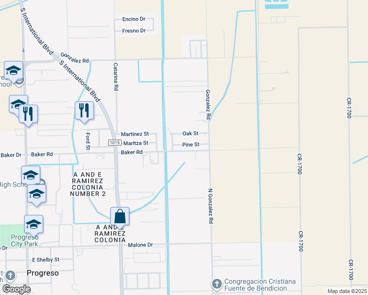 map of restaurants, bars, coffee shops, grocery stores, and more near 1312 Baker Drive in Weslaco