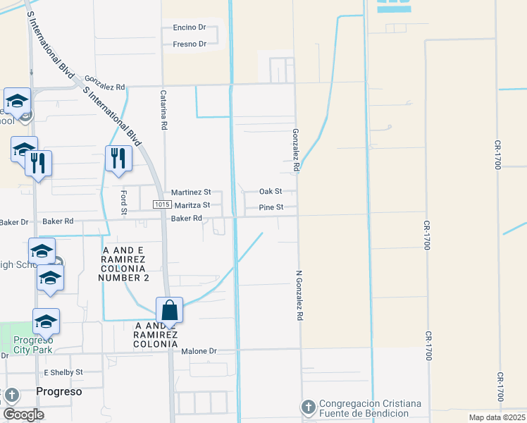 map of restaurants, bars, coffee shops, grocery stores, and more near 1312 Baker Drive in Weslaco