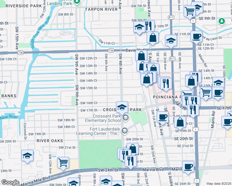 map of restaurants, bars, coffee shops, grocery stores, and more near 420 Southwest 16th Street in Fort Lauderdale