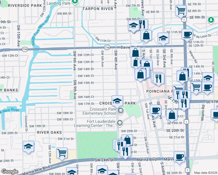 map of restaurants, bars, coffee shops, grocery stores, and more near 420 Southwest 16th Street in Fort Lauderdale