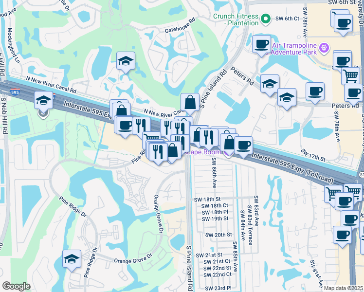 map of restaurants, bars, coffee shops, grocery stores, and more near 8840 West State Road 84 in Davie