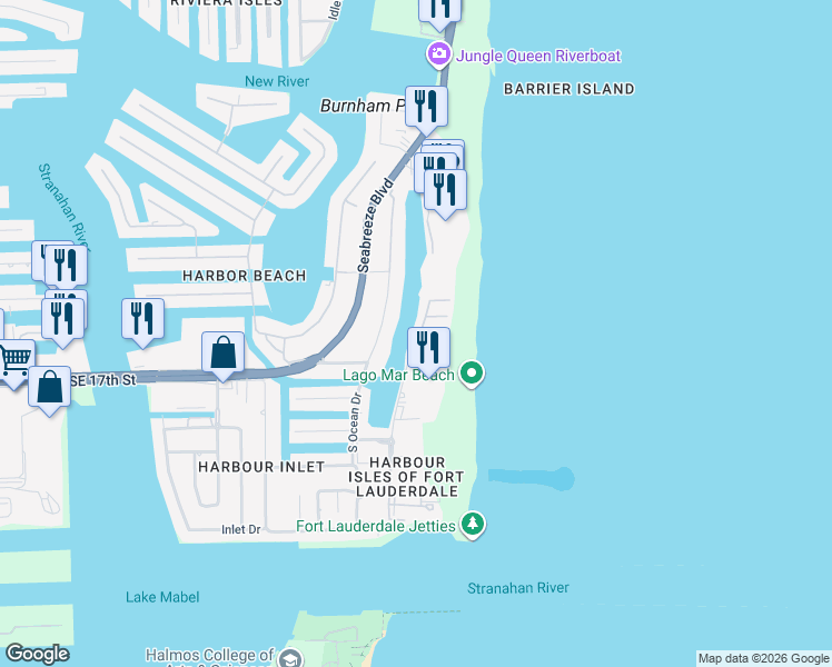 map of restaurants, bars, coffee shops, grocery stores, and more near 1696 South Ocean Lane in Fort Lauderdale