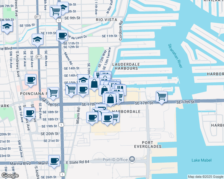 map of restaurants, bars, coffee shops, grocery stores, and more near 1375 Southeast 16th Street in Fort Lauderdale