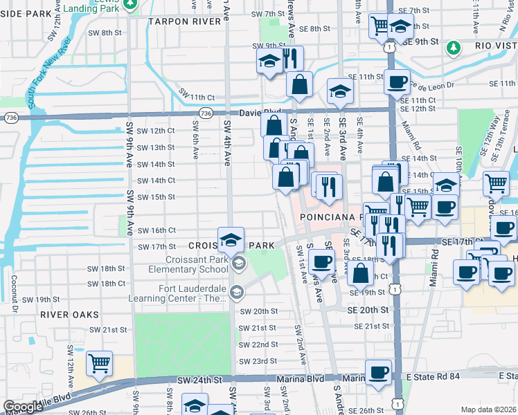 map of restaurants, bars, coffee shops, grocery stores, and more near 1608 Southwest 3rd Avenue in Fort Lauderdale