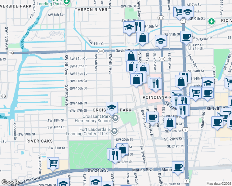 map of restaurants, bars, coffee shops, grocery stores, and more near 1612 Southwest 4th Avenue in Fort Lauderdale