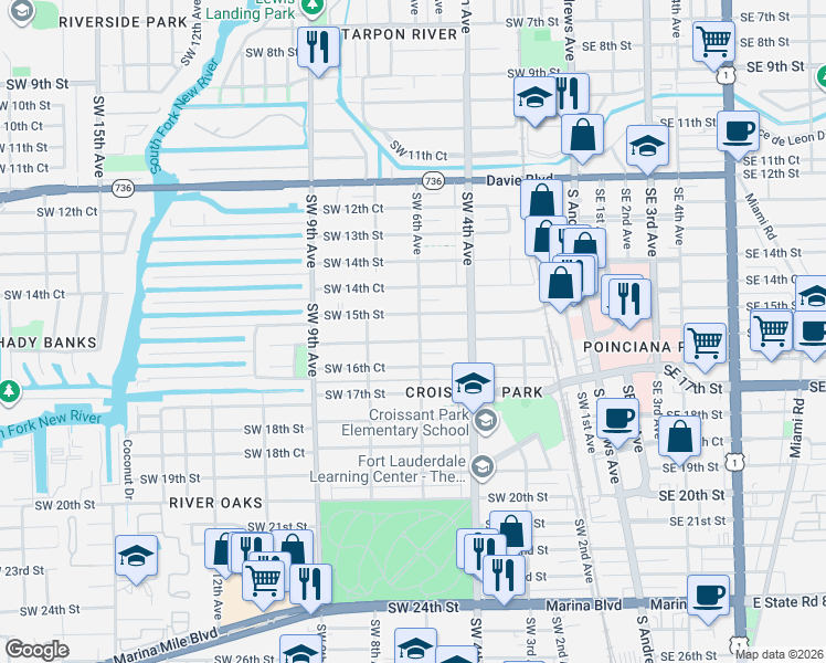 map of restaurants, bars, coffee shops, grocery stores, and more near 612 Southwest 16th Street in Fort Lauderdale