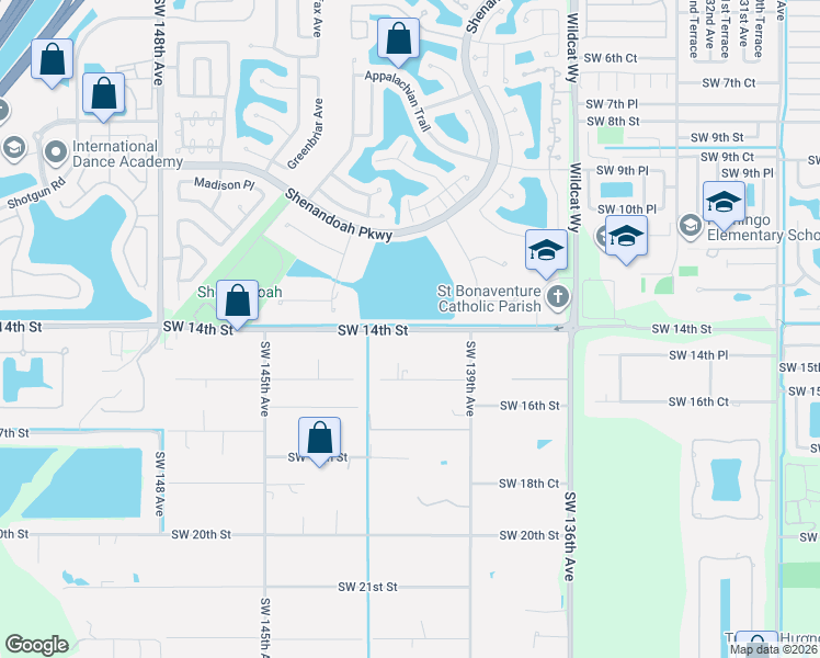 map of restaurants, bars, coffee shops, grocery stores, and more near 14100 Southwest 14th Street in Davie