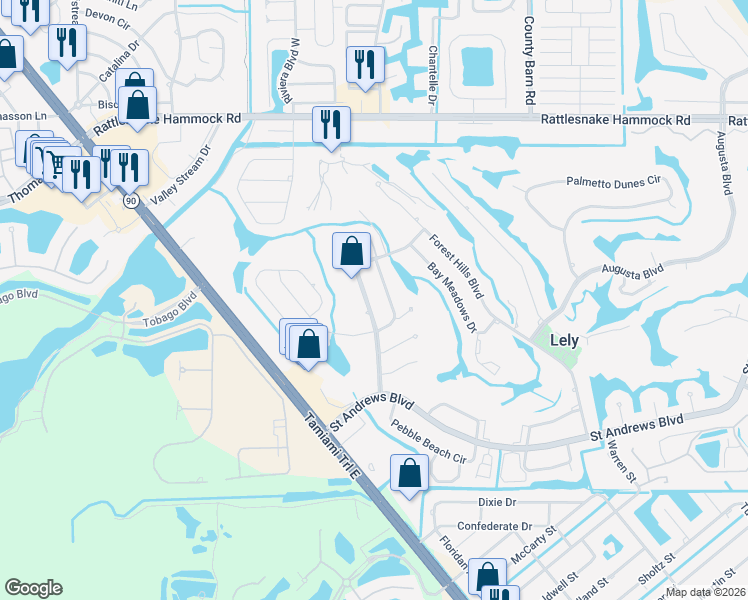 map of restaurants, bars, coffee shops, grocery stores, and more near 111 Pebble Beach Boulevard in Naples