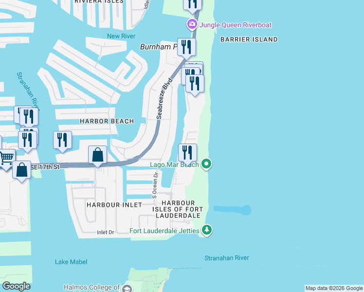 map of restaurants, bars, coffee shops, grocery stores, and more near 1696 South Ocean Lane in Fort Lauderdale