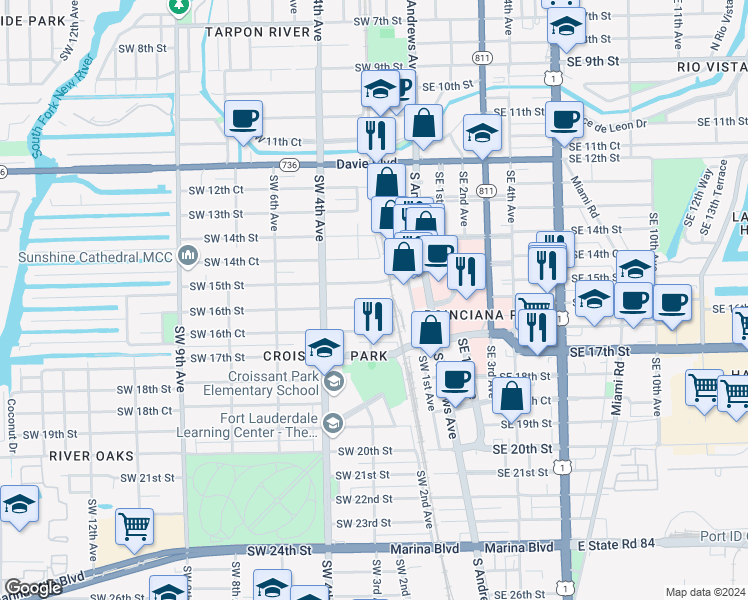 map of restaurants, bars, coffee shops, grocery stores, and more near 215 Southwest 16th Street in Fort Lauderdale