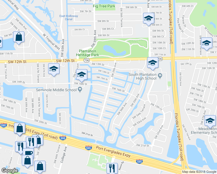 map of restaurants, bars, coffee shops, grocery stores, and more near 1599 Southwest 59th Avenue in Plantation