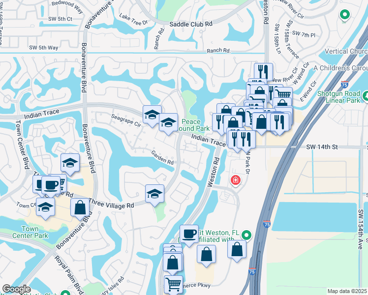 map of restaurants, bars, coffee shops, grocery stores, and more near 1381 Cottonwood Circle in Weston