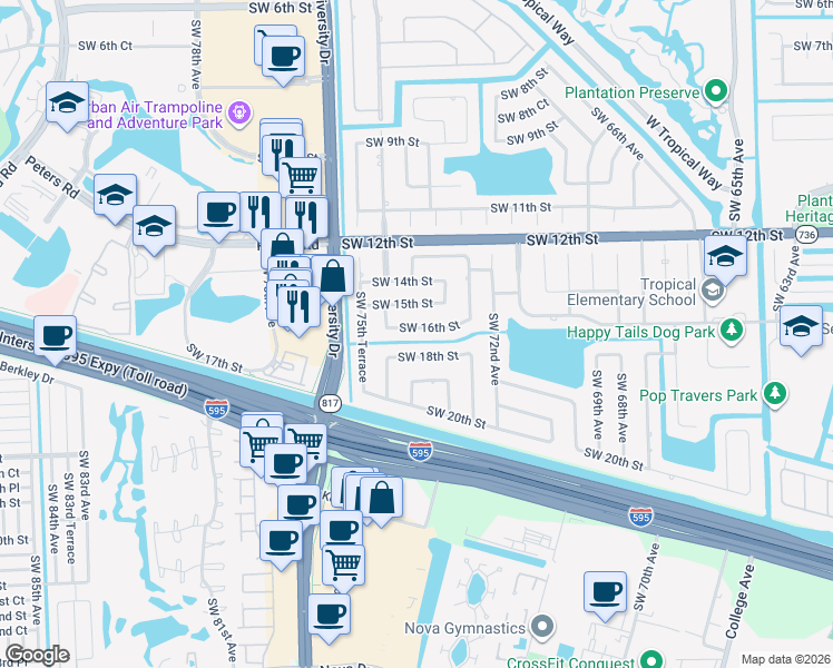 map of restaurants, bars, coffee shops, grocery stores, and more near 7420 Southwest 16th Street in Plantation