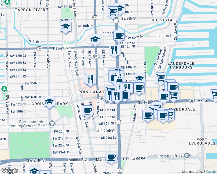 map of restaurants, bars, coffee shops, grocery stores, and more near 500 Southeast 15th Street in Fort Lauderdale