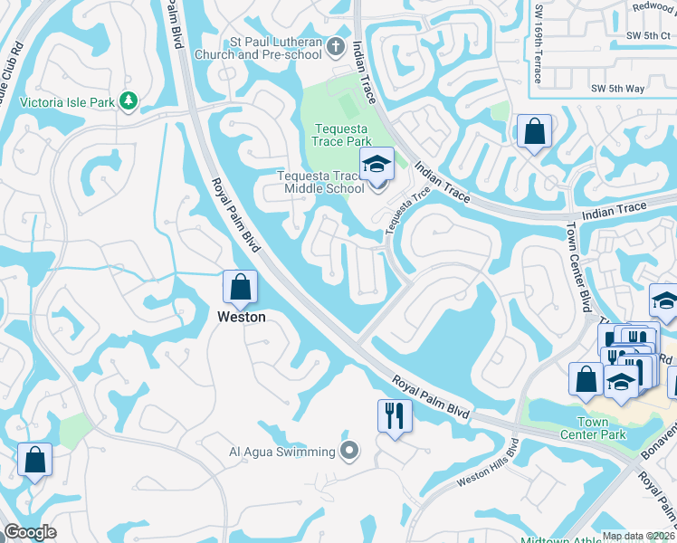 map of restaurants, bars, coffee shops, grocery stores, and more near 1216 Bayview Circle in Weston