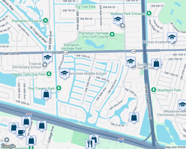 map of restaurants, bars, coffee shops, grocery stores, and more near 5861 Southwest 16th Street in Plantation