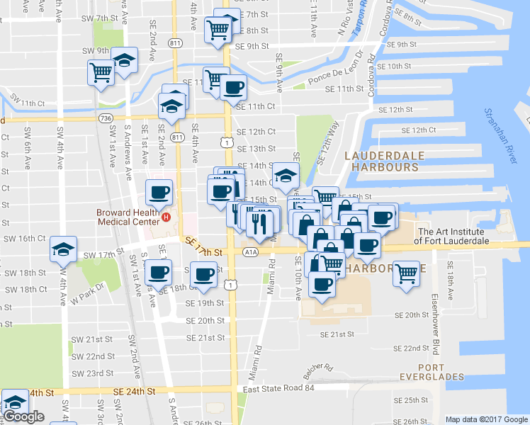 map of restaurants, bars, coffee shops, grocery stores, and more near 800 Southeast 15th Street in Fort Lauderdale