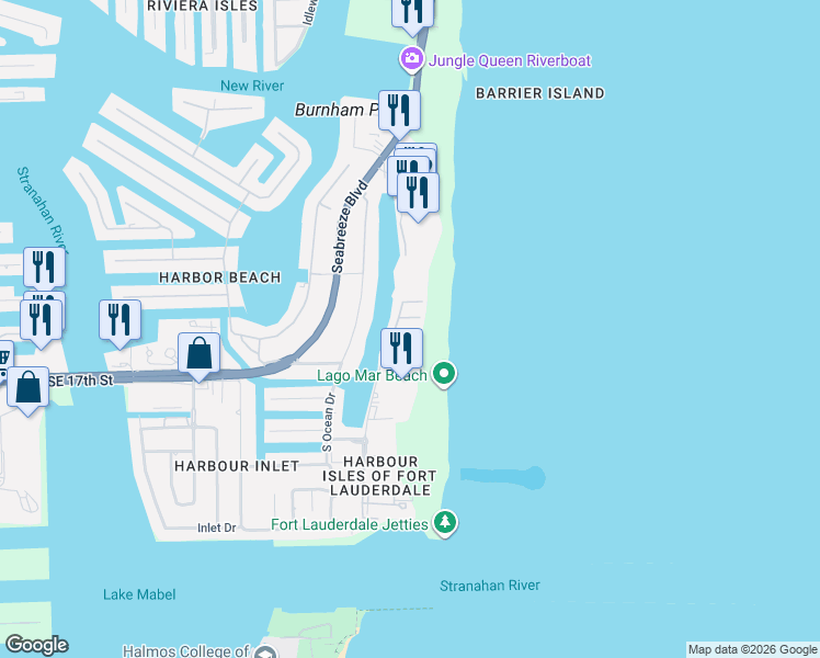 map of restaurants, bars, coffee shops, grocery stores, and more near 1590 South Ocean Lane in Fort Lauderdale