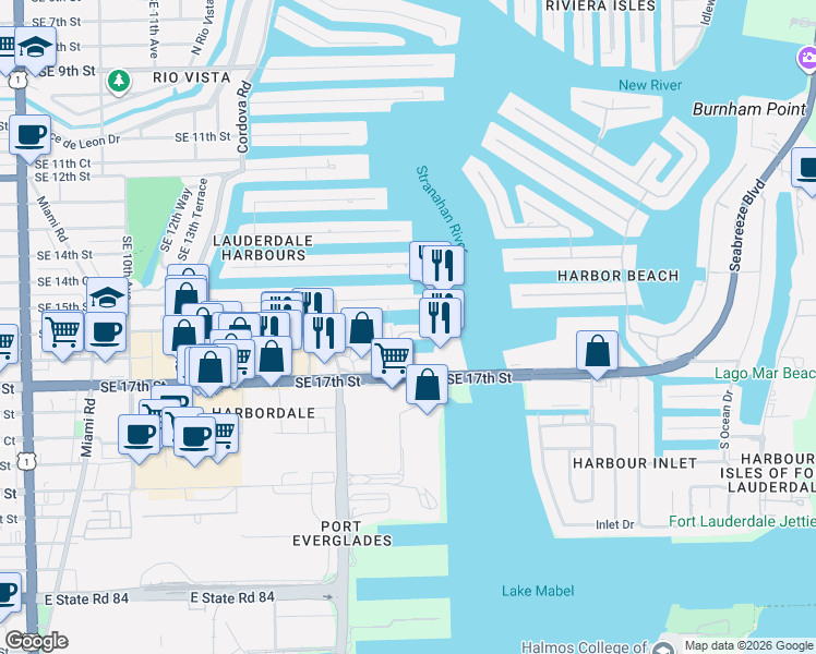 map of restaurants, bars, coffee shops, grocery stores, and more near 1784 Southeast 15th Street in Fort Lauderdale