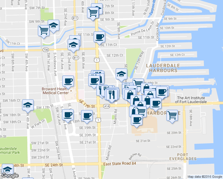 map of restaurants, bars, coffee shops, grocery stores, and more near 800 Southeast 15th Street in Fort Lauderdale