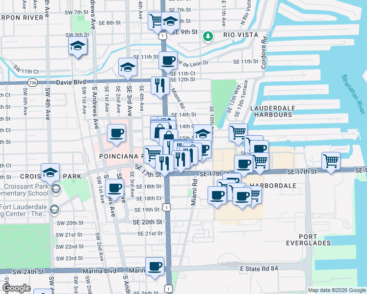 map of restaurants, bars, coffee shops, grocery stores, and more near 630 Southeast 15th Street in Fort Lauderdale