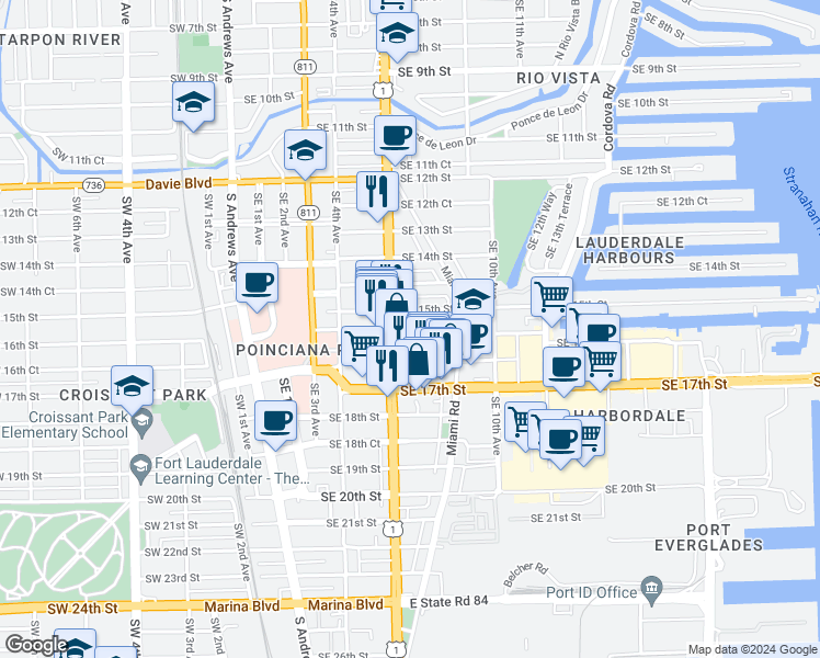 map of restaurants, bars, coffee shops, grocery stores, and more near 630 Southeast 15th Street in Fort Lauderdale