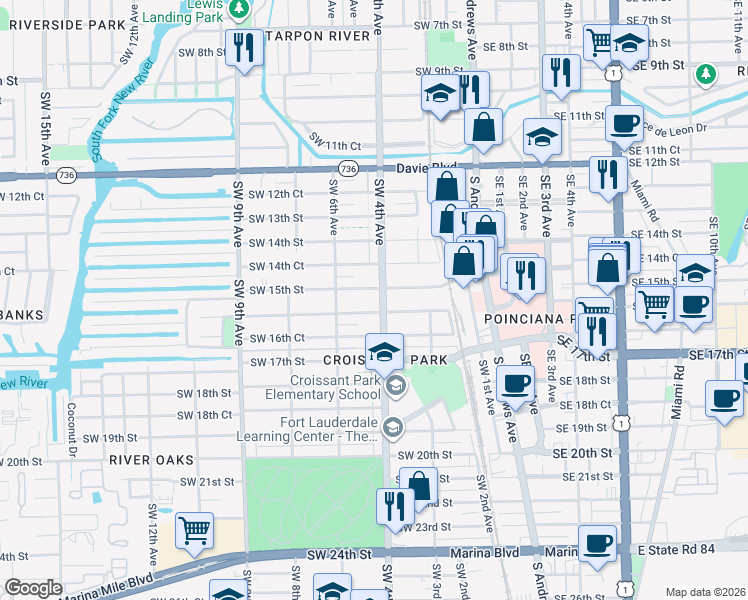 map of restaurants, bars, coffee shops, grocery stores, and more near 421 Southwest 15th Street in Fort Lauderdale