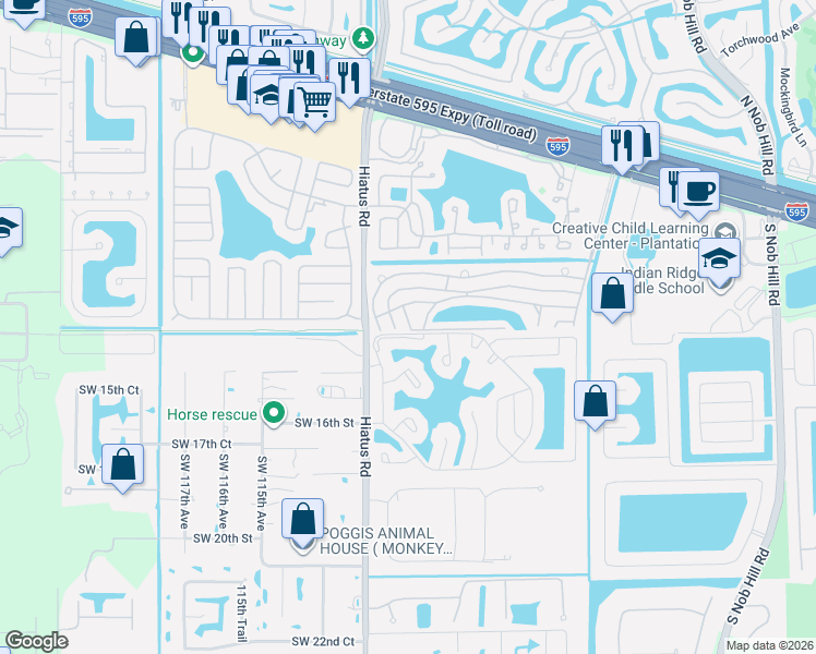 map of restaurants, bars, coffee shops, grocery stores, and more near 1301 West Clubhouse Drive in Davie