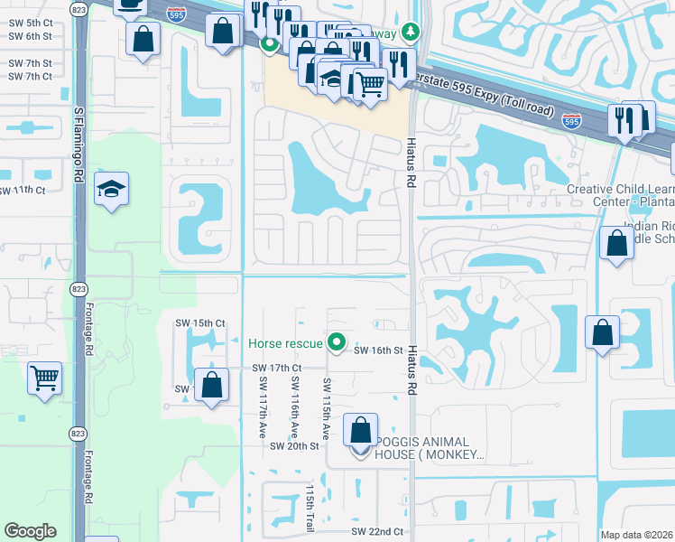 map of restaurants, bars, coffee shops, grocery stores, and more near 1320 Southwest 114th Way in Davie