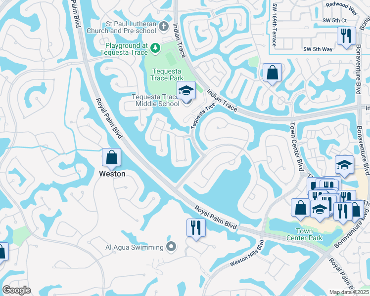 map of restaurants, bars, coffee shops, grocery stores, and more near 1525 Seabay Road in Weston