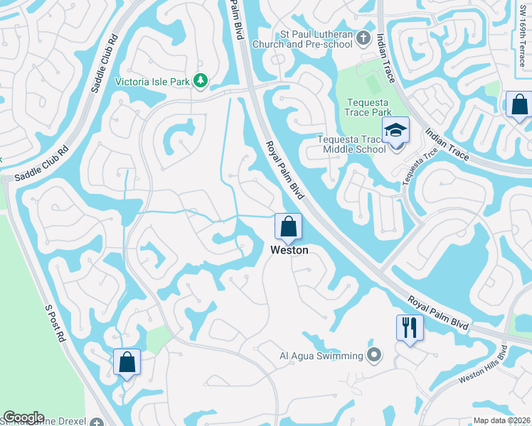 map of restaurants, bars, coffee shops, grocery stores, and more near 2494 Eagle Run Drive in Weston