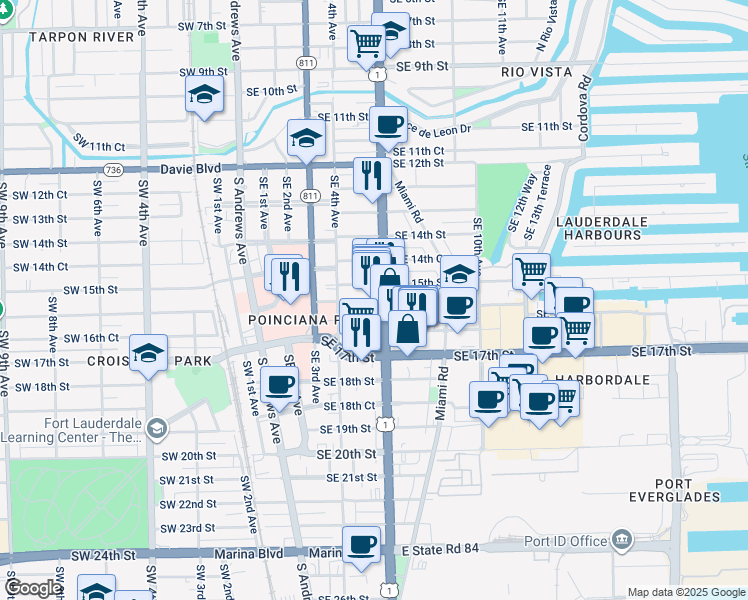 map of restaurants, bars, coffee shops, grocery stores, and more near 500 Southeast 15th Street in Fort Lauderdale