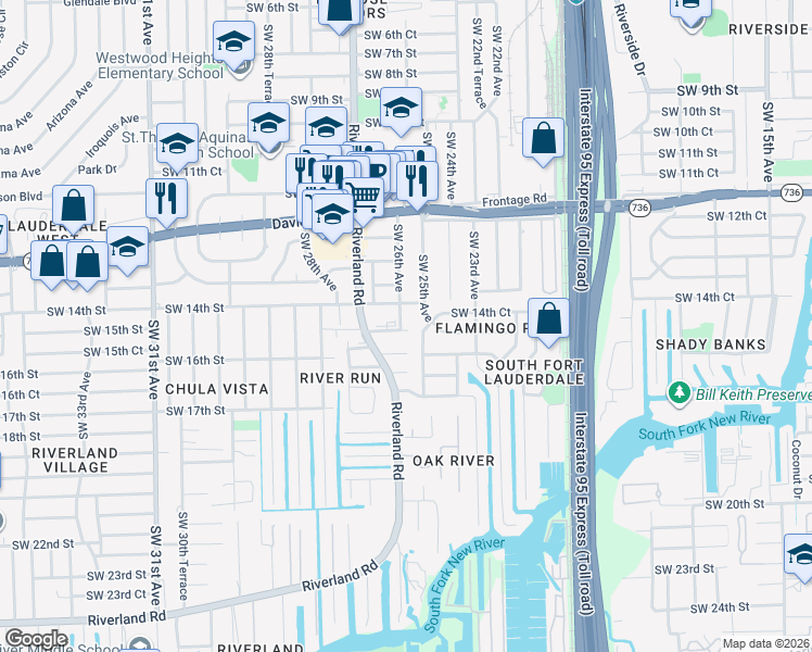 map of restaurants, bars, coffee shops, grocery stores, and more near 2621 Southwest 15th Street in Fort Lauderdale