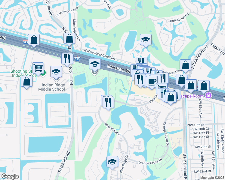 map of restaurants, bars, coffee shops, grocery stores, and more near 9435 Evergreen Place in Davie