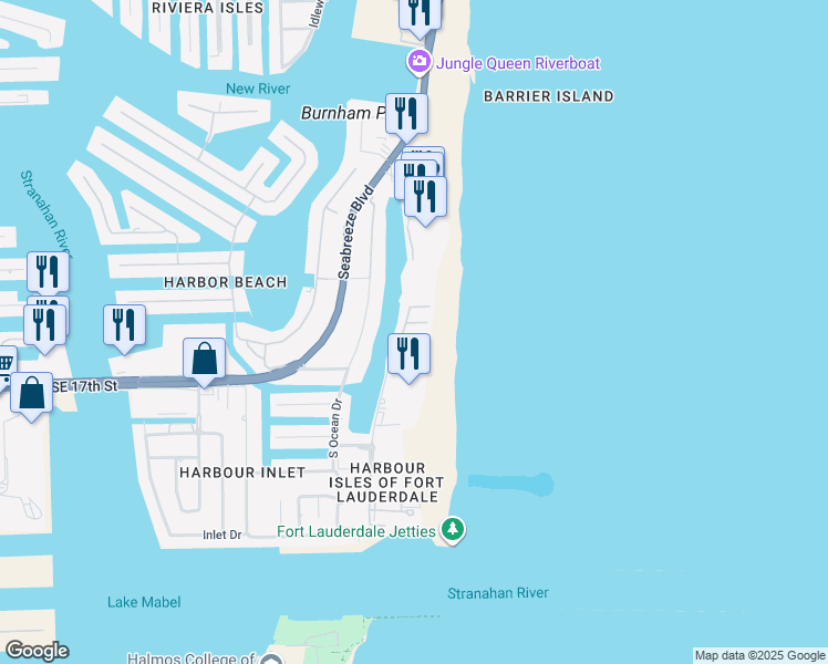 map of restaurants, bars, coffee shops, grocery stores, and more near 1590 South Ocean Lane in Fort Lauderdale