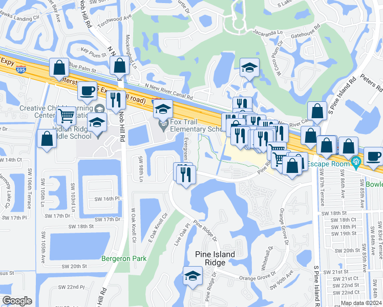 map of restaurants, bars, coffee shops, grocery stores, and more near 9421 Evergreen Place in Davie