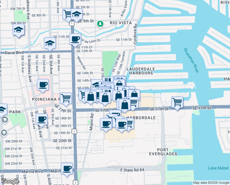 map of restaurants, bars, coffee shops, grocery stores, and more near 1050 Southeast 15th Street in Fort Lauderdale